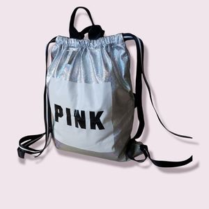 VS PINK Cinch Sak/Backpack/Tote, Iridescent Silver